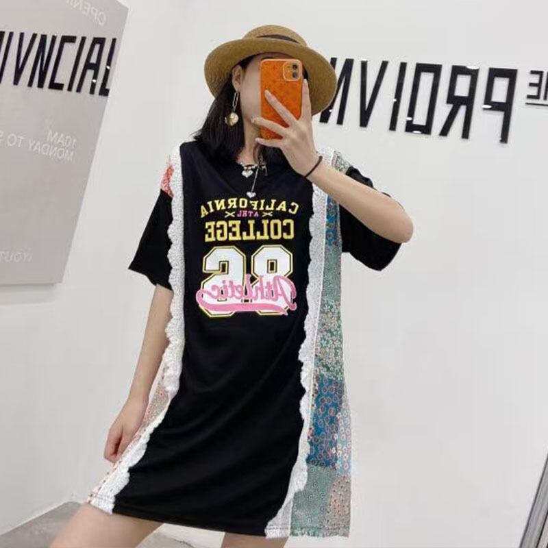 ラウンドネックレースパターンドレス 大きめサイズ Oネック ステッチ ミックスインファッション19242559128