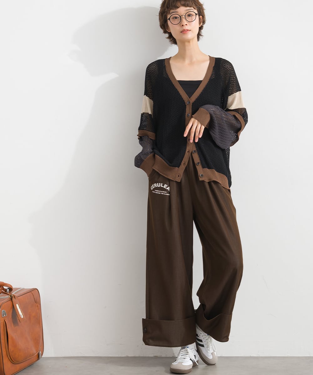 P262083 麻タッチ 配色シアー編みニットカーディガン / Linen-Touch