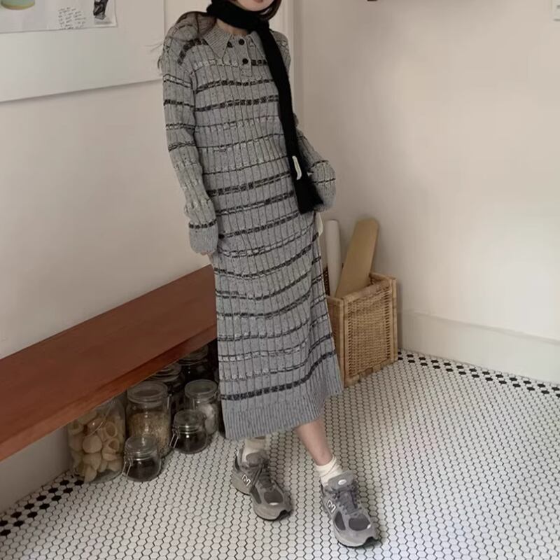 Border knit long one piece 2colors RW0308