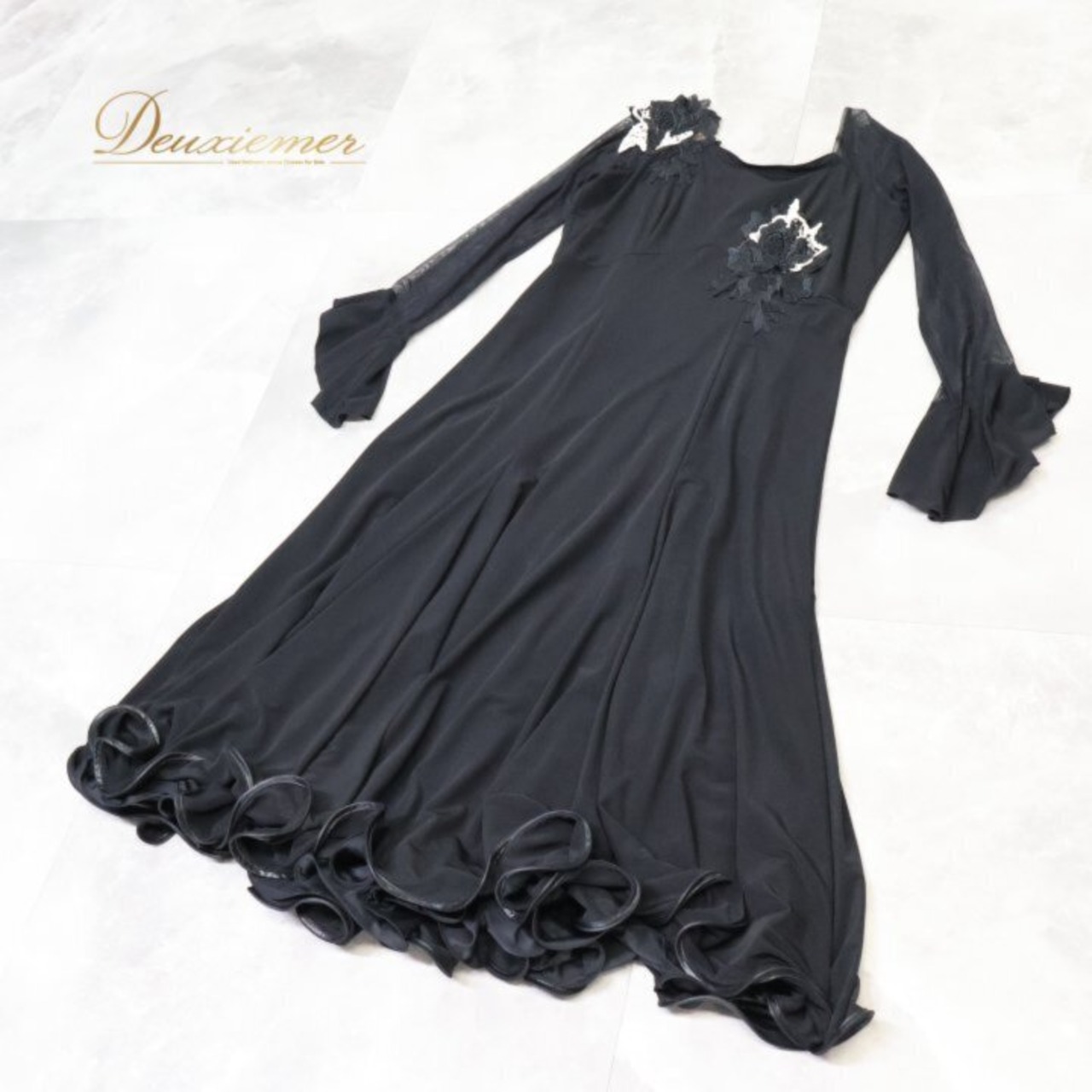 社交ダンス 衣装 セキネ SEKINE 日本製 ワンピース ドレス ブラック系 黒 レース ダンス パーティ 発表会 フリル 上品 綺麗 おしゃれ レディース ステージ衣装 ダンス衣装 エレガント パーティドレス フォーマル シンプル