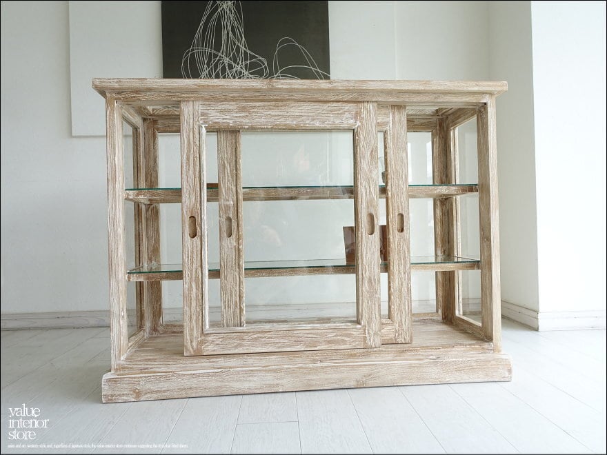 チーク無垢材 ショーケースEcke/NW ガラスケース 飾り棚 店舗什器 食器