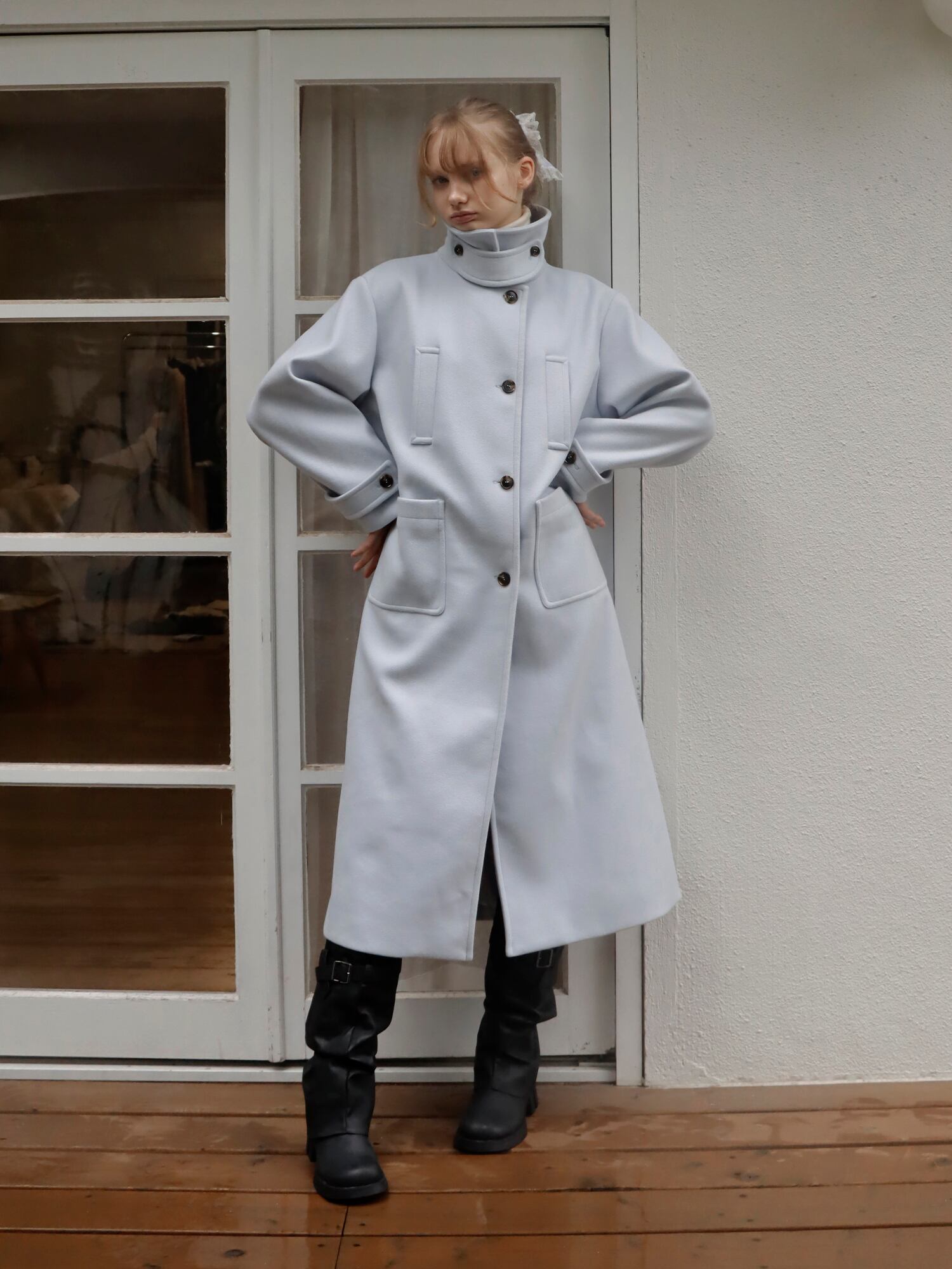 2WAY COLLAR HEFTY COAT -ICE BLUE- | mieya mieya