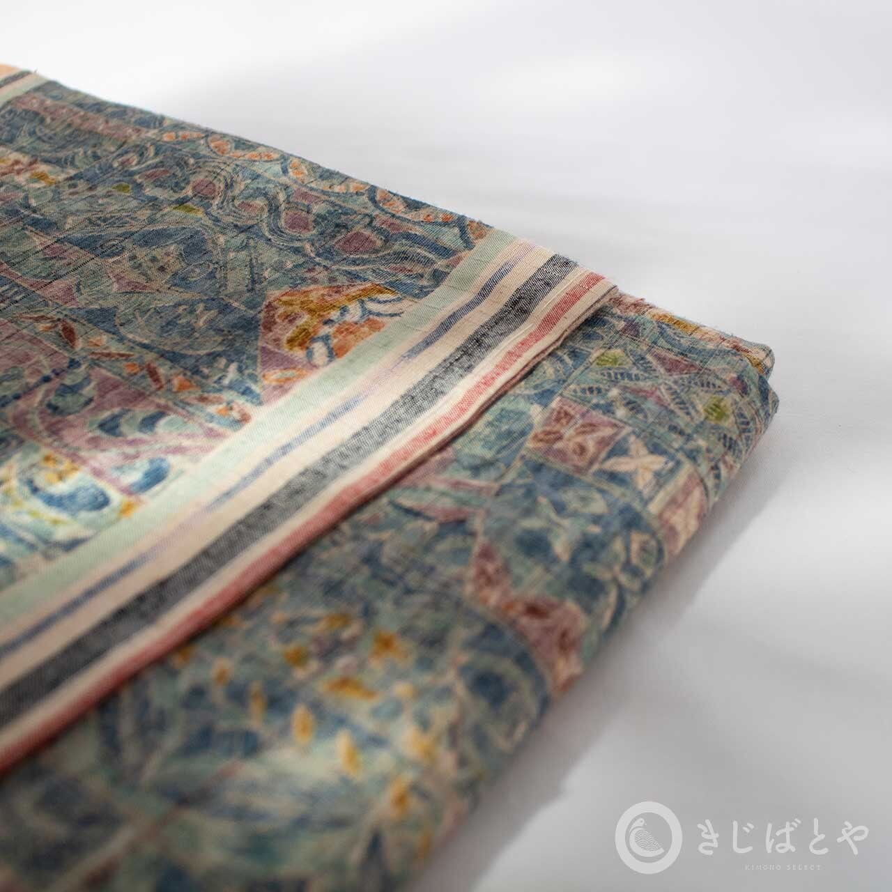 正絹紬 更紗柄と縞の単衣 | きじばとや