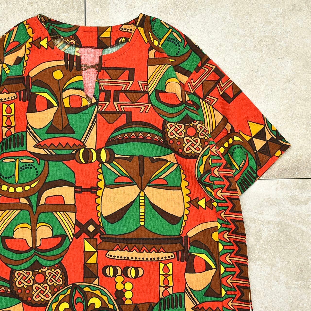 African ethnic mask pattern P/O shirt | 古着屋 grin days memory