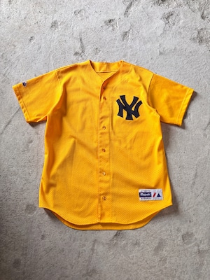 90s Majestic/NY Yankees Baseball Shirt/USA製/XL相当/ニュ－ヨ－クヤンキ－スベースボ－ルシャツ/半袖/メッシュ/イエロ－/マジェスティック