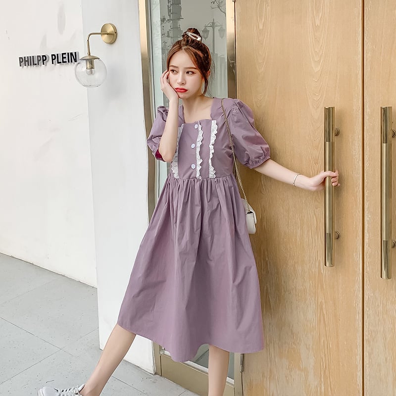 【新作】【送料無料】 マタニティウェア2020夏の新しい綿とリネンのレースのスクエアネックドレス小さな新鮮なミドル丈のマタニティドレス-アリババ コットン サマー 夏物 スクウェア expec223965816424