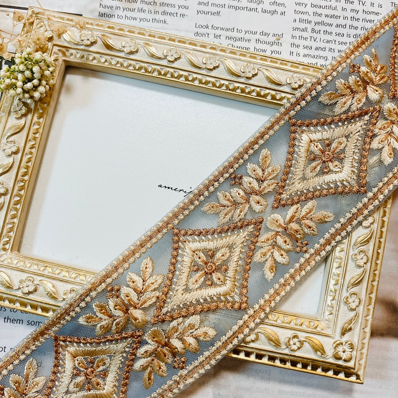 ロイヤルリーフリボン [ダスティブルー]インド刺繍リボン A_0476