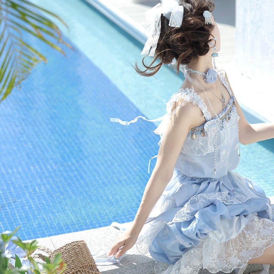 マーメイド風 レースセットアップ ミニスカート アイスブルー リゾート