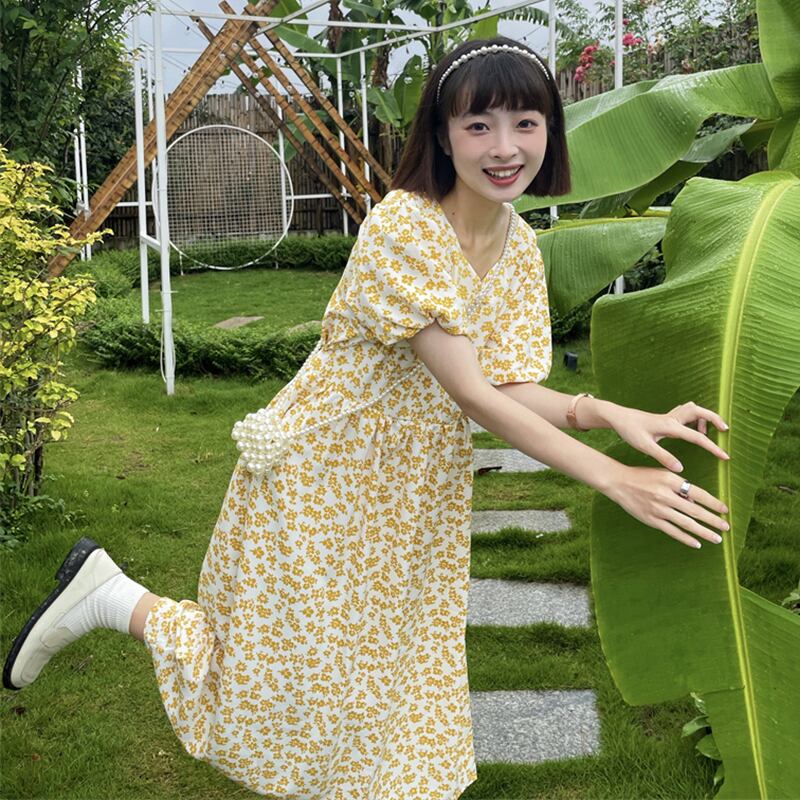 スタンダードスリーブフローラルウェストドレス サマー薄手Vネックスカート レトロ 夏物 花柄 萌量不足69320337981