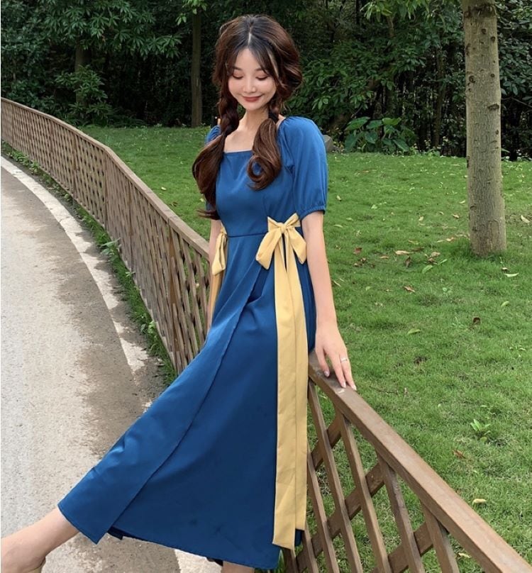 送料無料】 ワンピース 半袖 レディース 無地 リボン ロング丈 ブルー