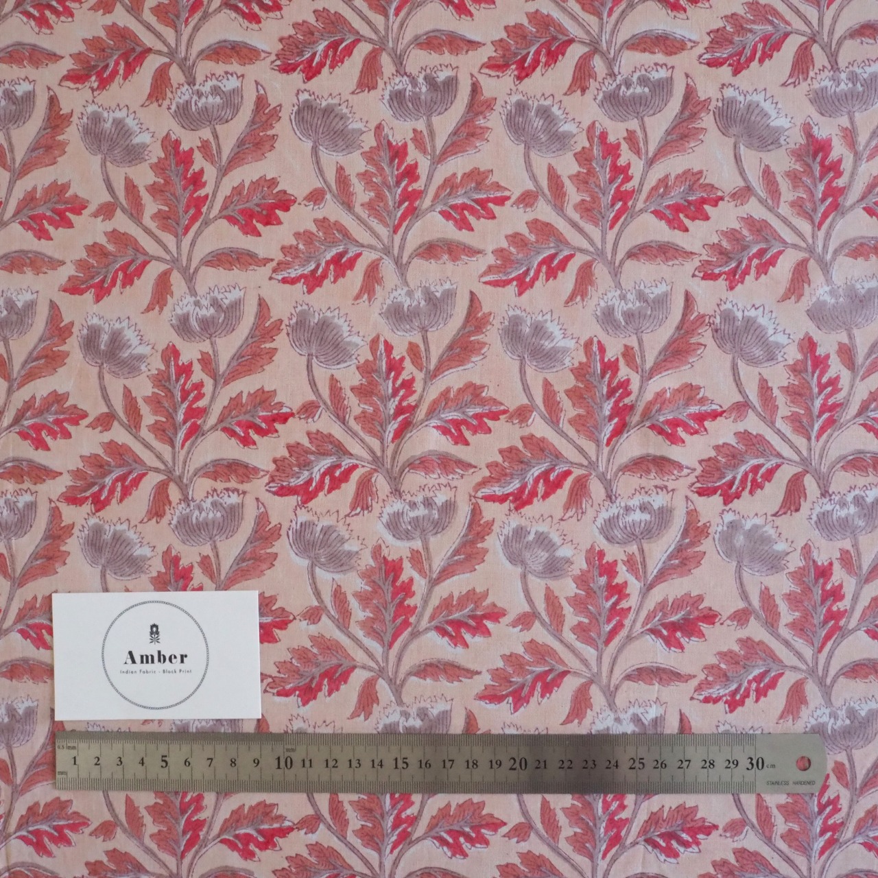 ブロックプリント生地【50cm単位】インド綿  片耳デザイン付き 花柄B コーラルピンク×ブラウン #51414-PK4