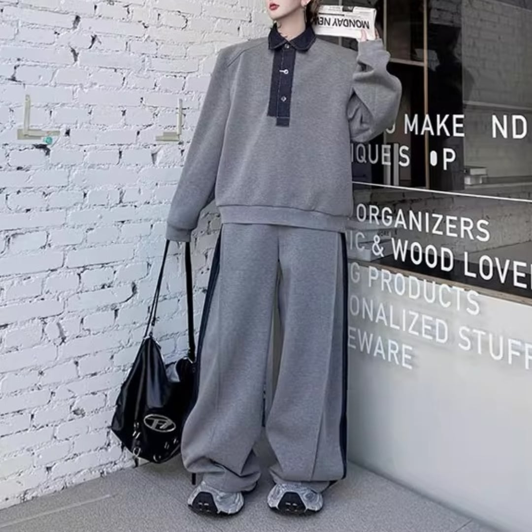 コントラストカラーステッチデニムプルオーバー&ワイドレッグパンツセットアップ 2カラー D11920