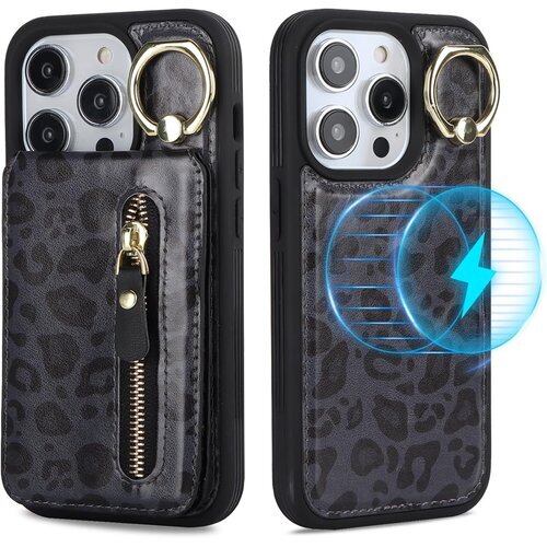 iPhone 13 Pro ケース 分離可 カードケース リング付きケース magsafe対応ケース マグセーフ magsafe用 アイホン13 プロ リング付き カバー スマホケース アイフォン 13pro アイフォン13 プロ case 適用 iCoverCase リング カード収納 スナップ 横置き スタンド マグネット ファスナー カード入れ 携帯カバー 豹柄 ヒョウ柄 ブラック 2360