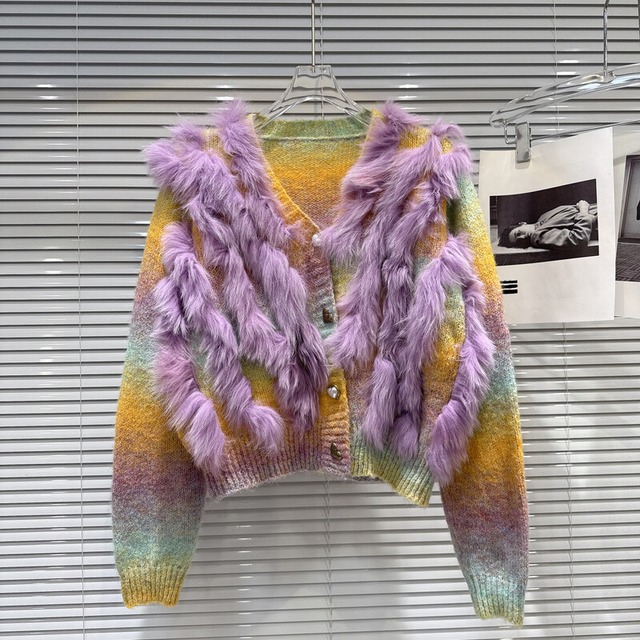 Multi color fur accent cardigan　B3402