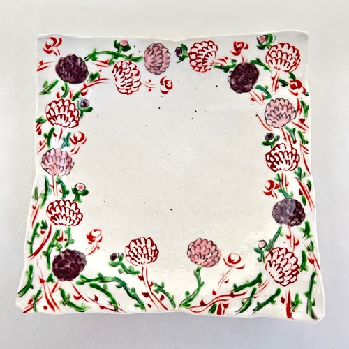 志野赤絵野花四足四方皿（中）（ピンク、紫）【榛澤宏】