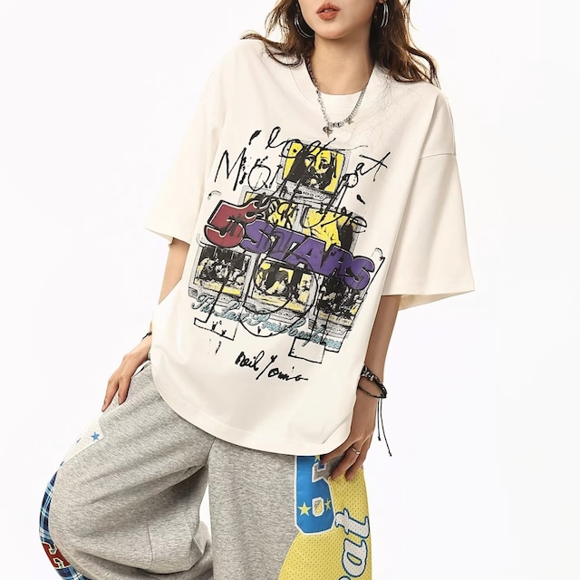 フォトグラフィックメッセージドロップショルダーTシャツ 2col R02074