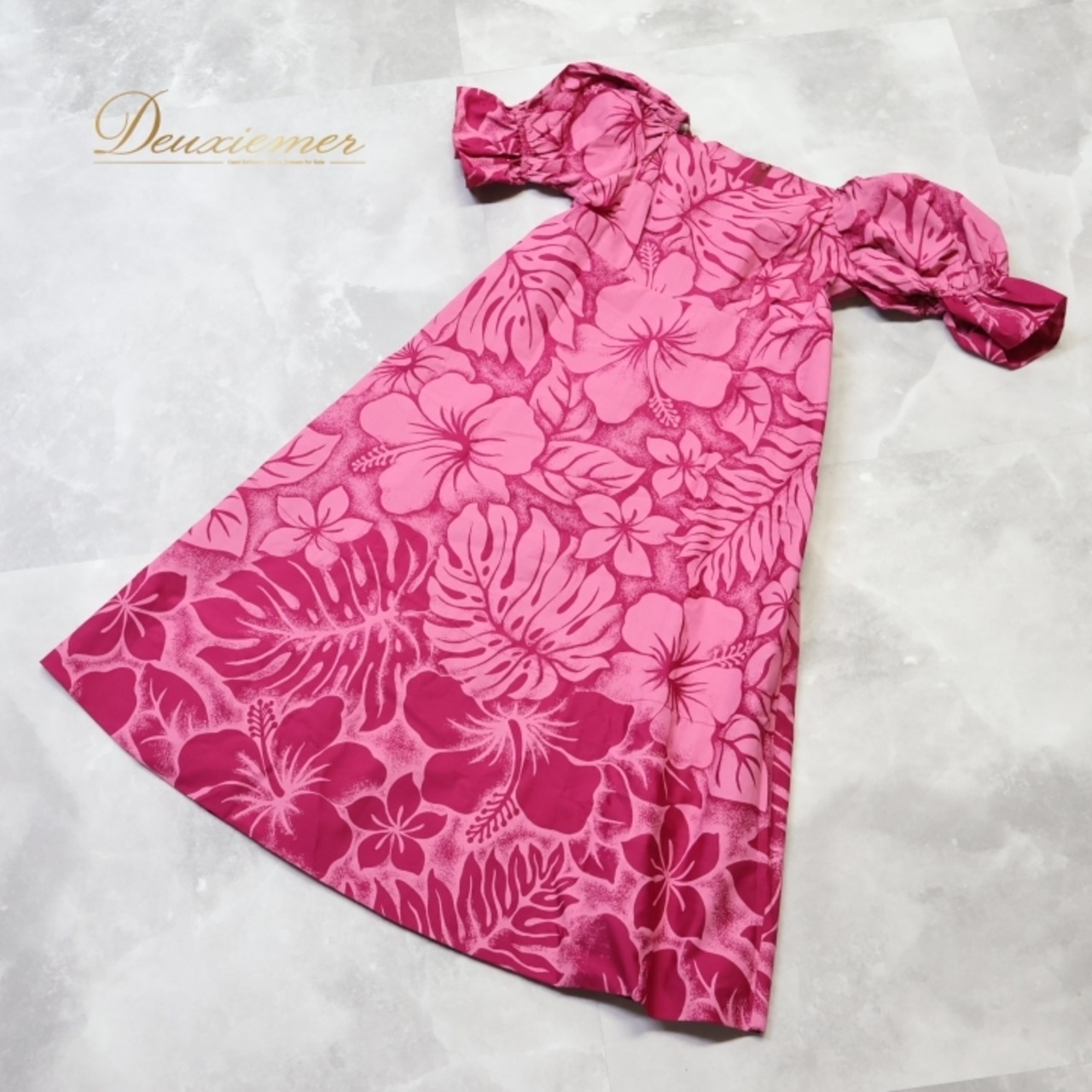 フラダンス 衣装 ワンピース ドレス ピンク系 smart design フラ ダンス ハワイ製 花柄 ハイビスカス柄 半袖 絞り ハワイアン アロハ 鮮やか かわいい 華やか ハワイアンプリント ダンス衣装