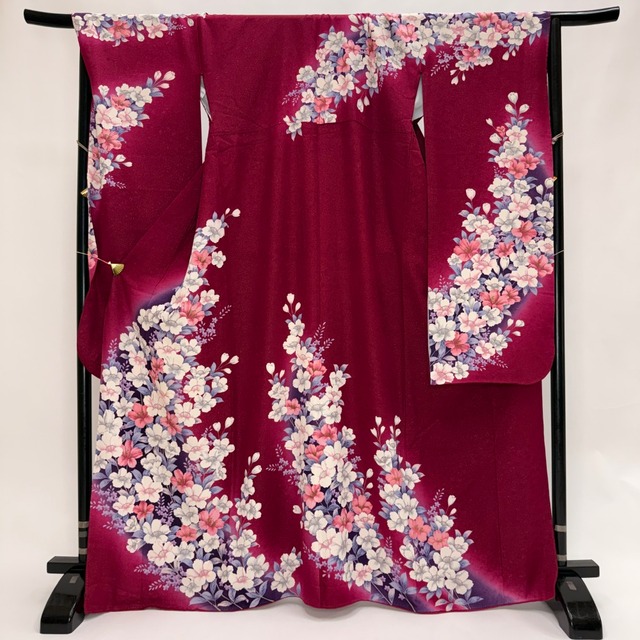 振袖 中古 エンジ 正絹 古典 裄70.5cm 身丈168.5cm 美品 2L サイズ 成人式 6182