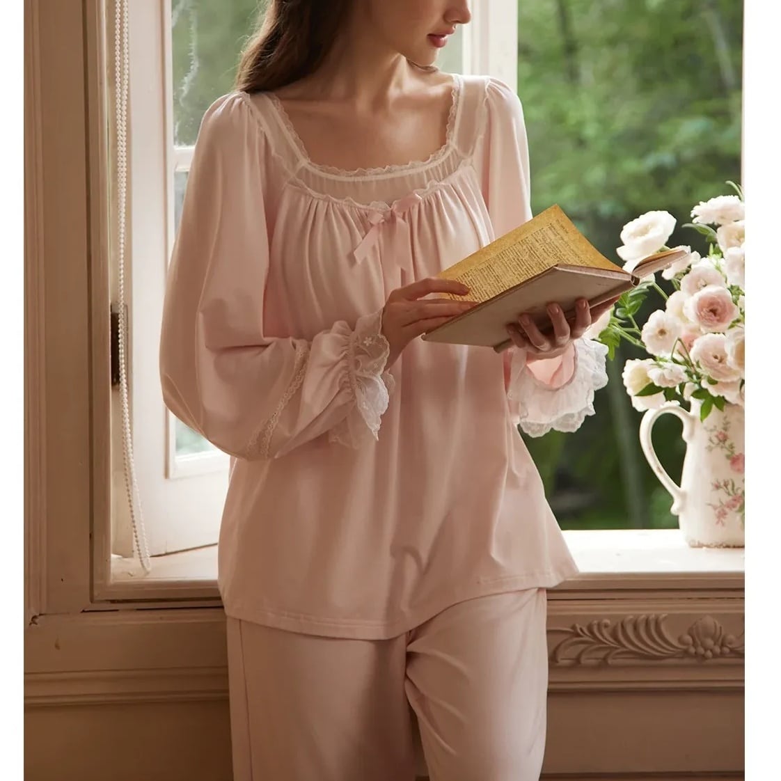 【XS-XL】square-neck lace ribbon pajamas p1757