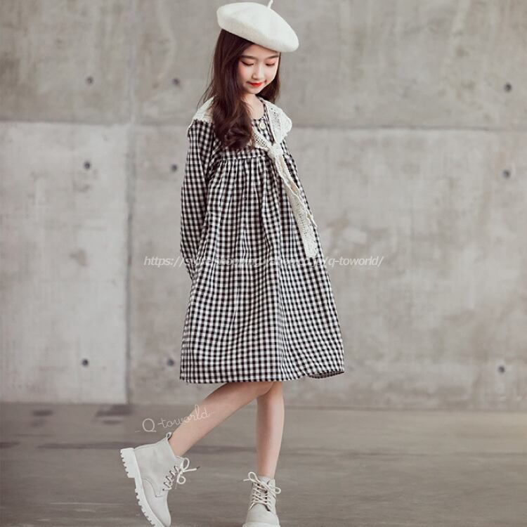 1 165 ワンピース チェック柄 ナチュラル 韓国版 韓国子供服 子供服 女の子 キッズ ジュニア Q Toworld キュートワールド 子供服