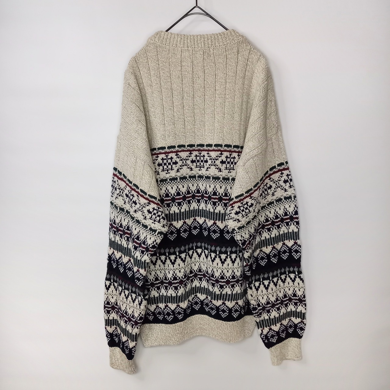 90s　アメリカ製　CLUB ROOM　クルーネック　コットンニット　セーター　中厚手　ミドルゲージ　フェアアイル　ノルディック　モザイク　グレー　L