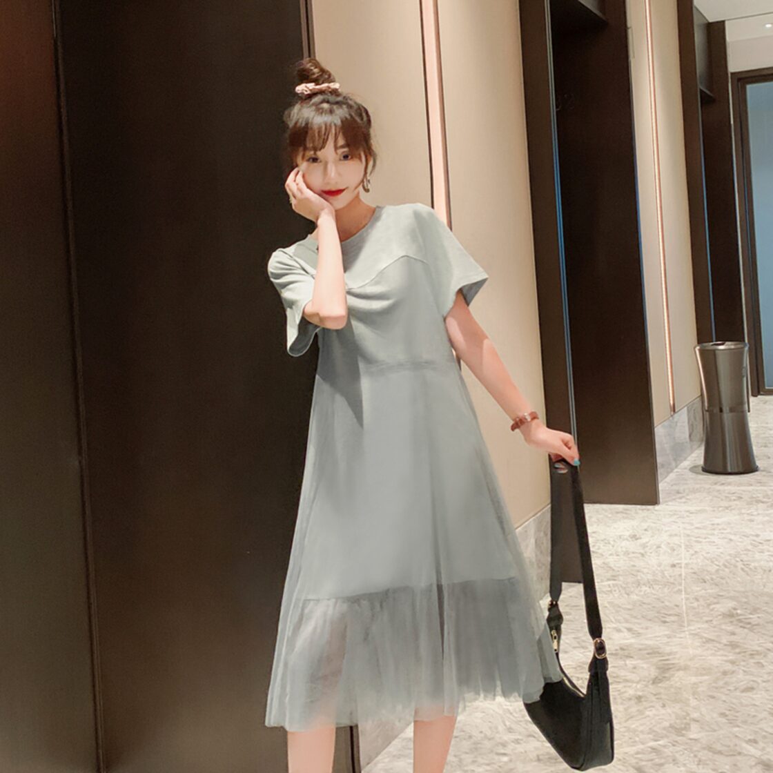 ワンピース チュールワンピース 半袖 ミモレ丈 ロング丈 フリル フレア  