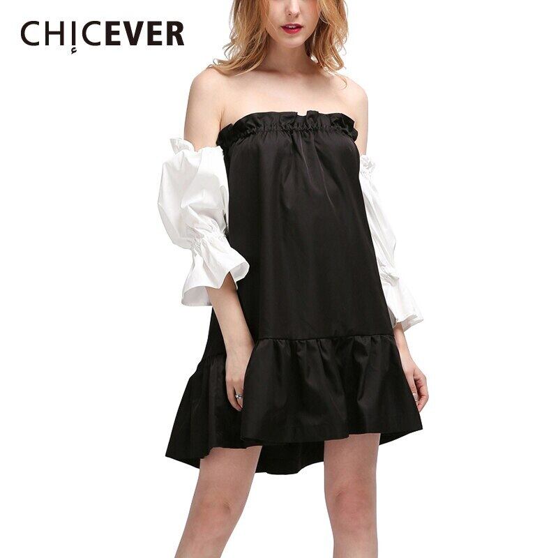 CHICEVERパッチワークヒットカラードレス女性スラッシュネックスリークォートルーズセクシーフリル裾ドレス2020スタイル ラッフル 6base54678296867
