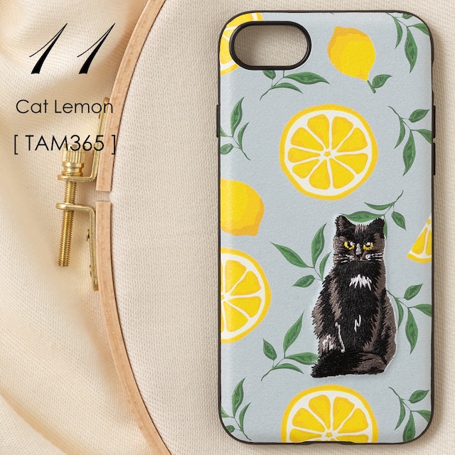 立体刺繍スマホケース iPhone PUレザー 11.Cat Lemon