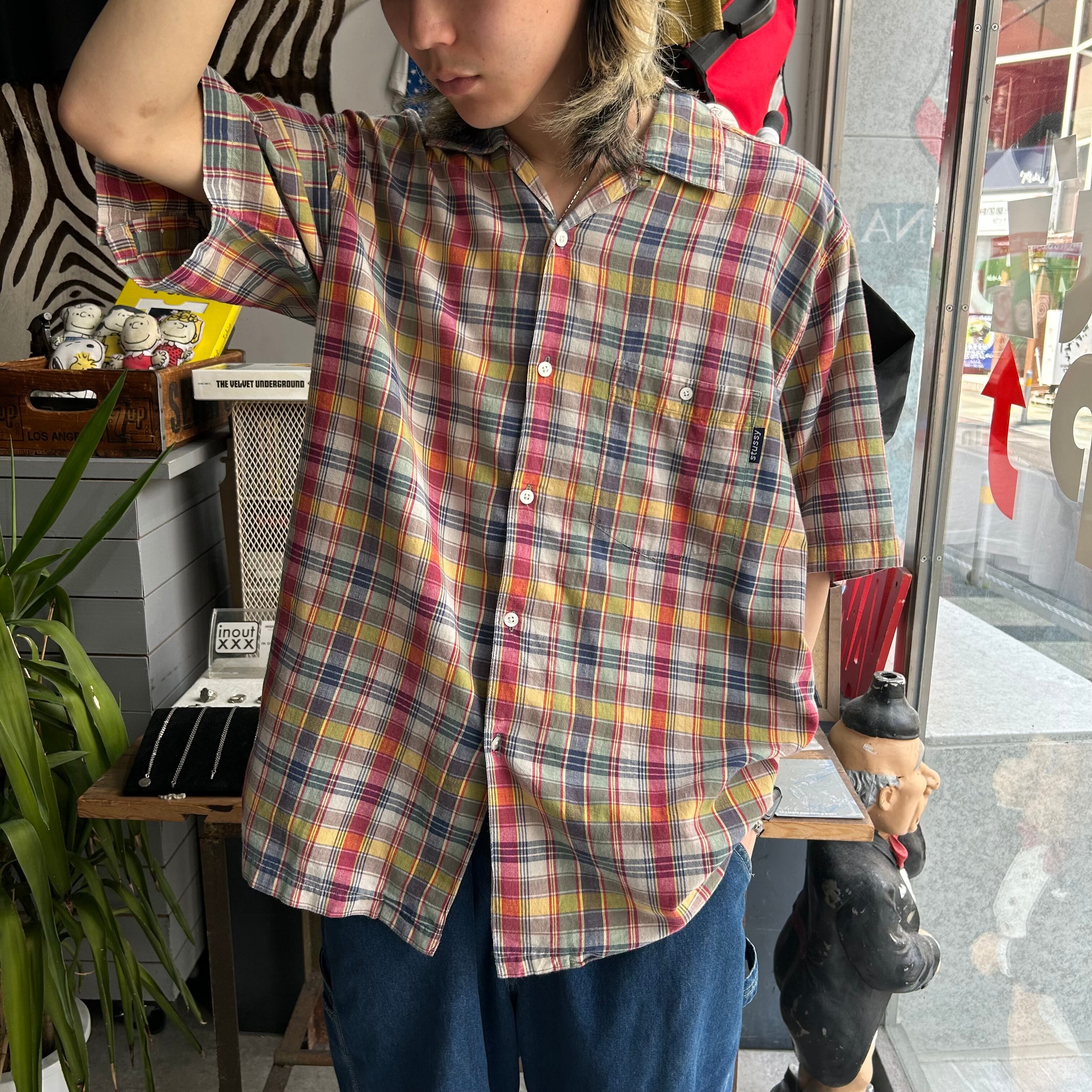 90s old STUSSY check pattern S/S open colour shirt【仙台店 
