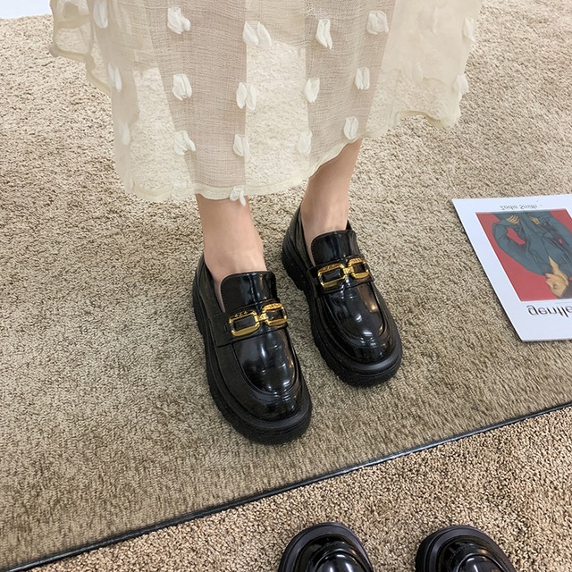 スプリングレッドカジュアルバックルシングル ローファー 靴 シューズ 春物 ラウンドトー フェイクシューズ76141433525