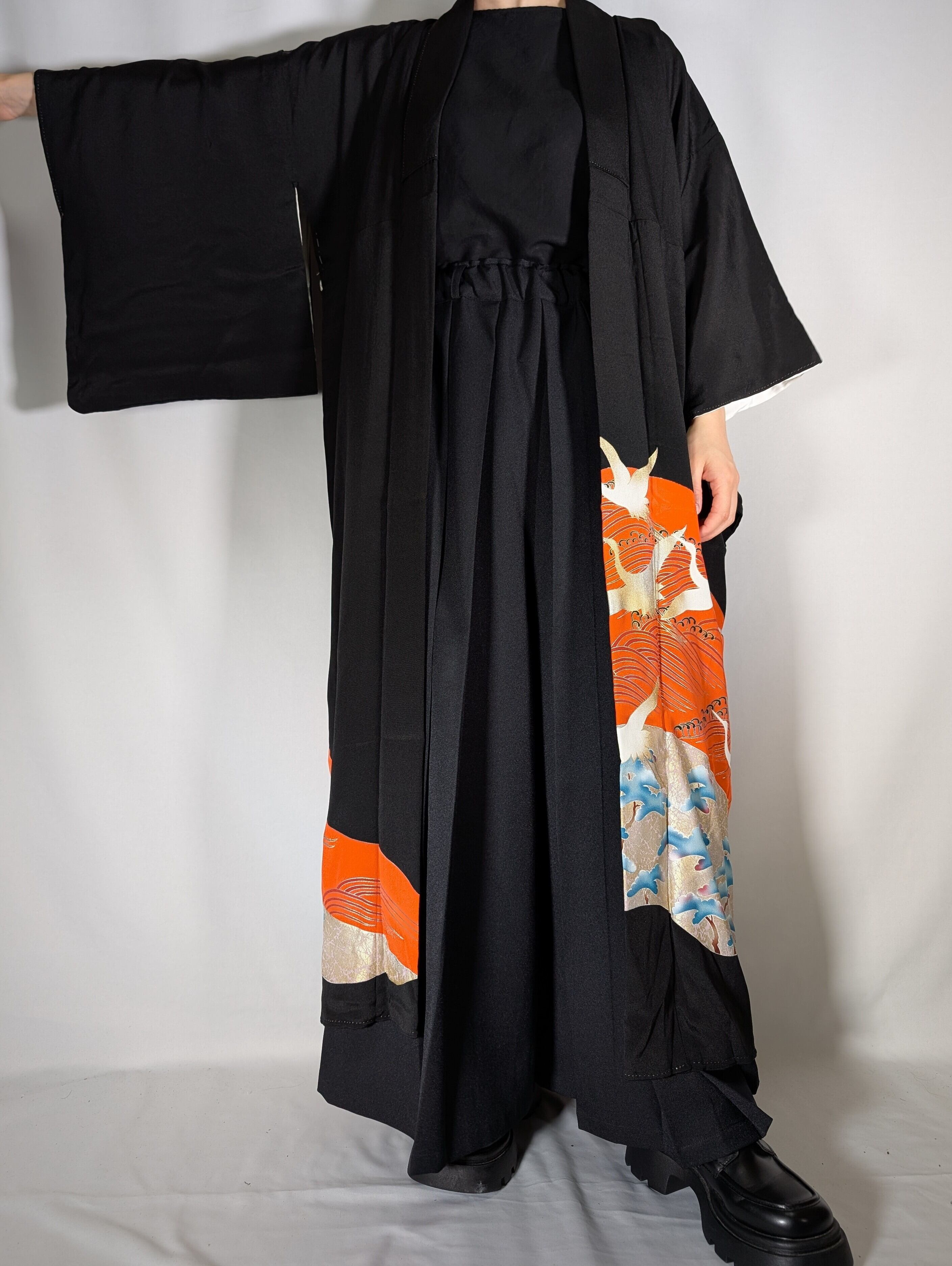 14465】 着物リメイク 黒留袖 ロングコート kimono tomesode remake