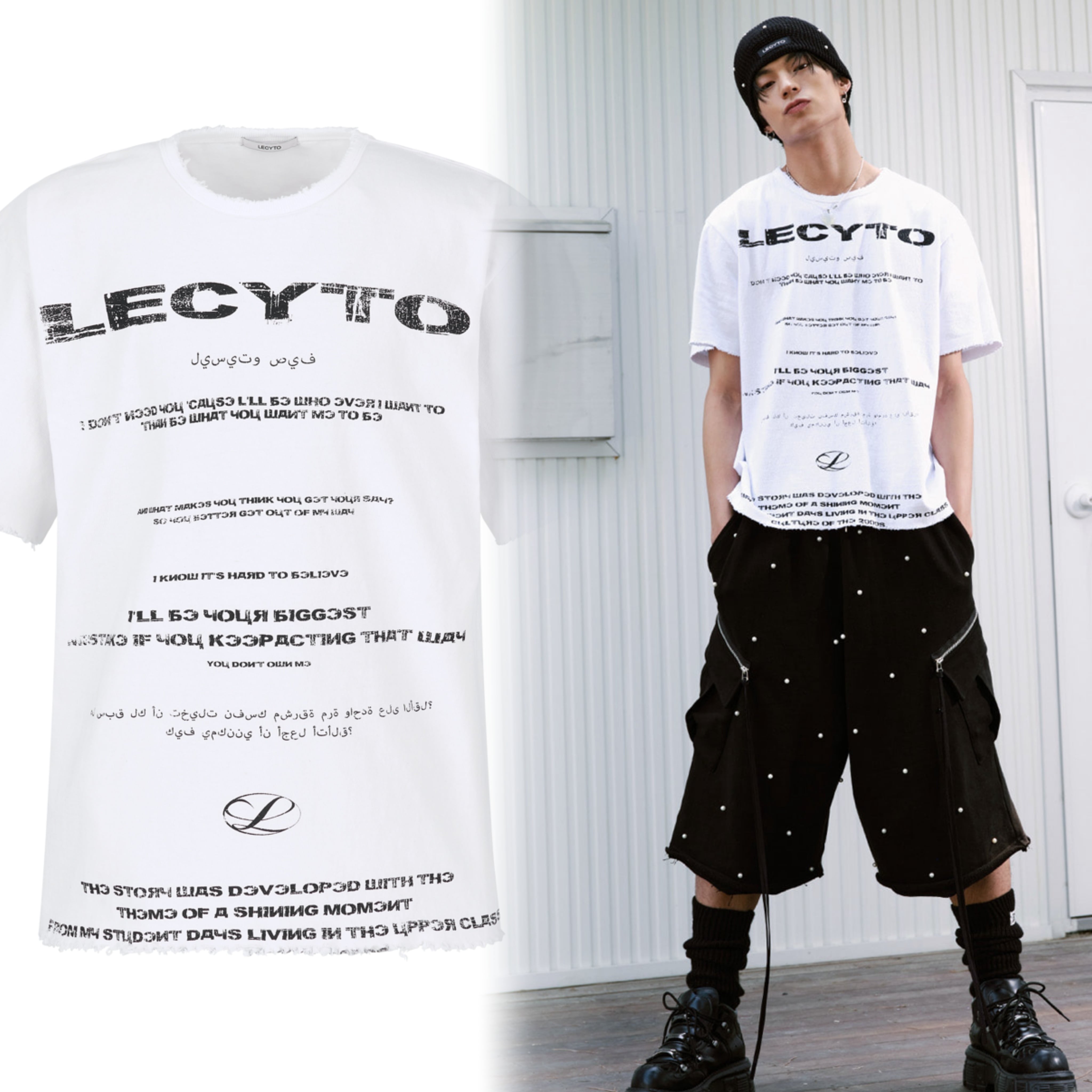 即納】韓国ブランド LECYTO Destroyed Oversized Logo T-Shirt / white