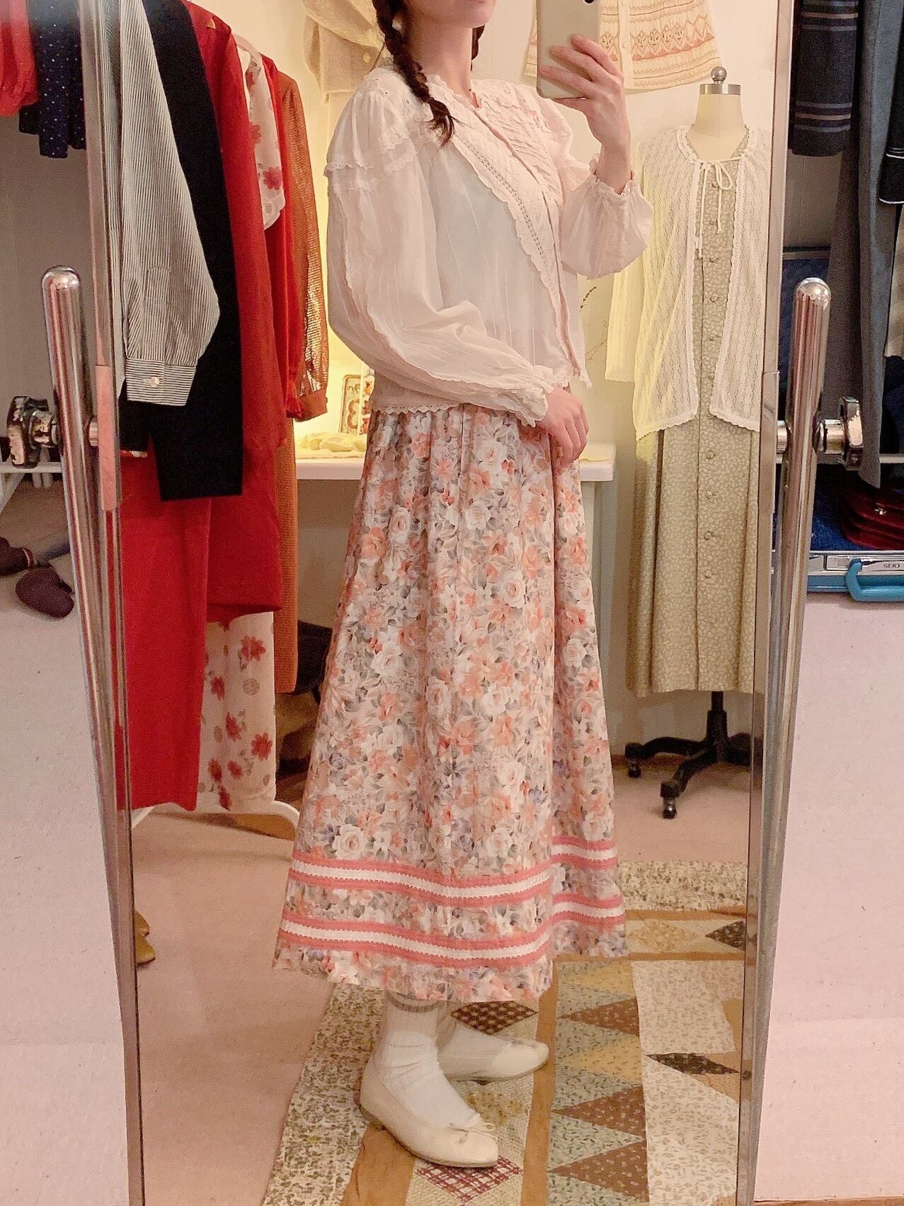 60s pink flower tape skirt