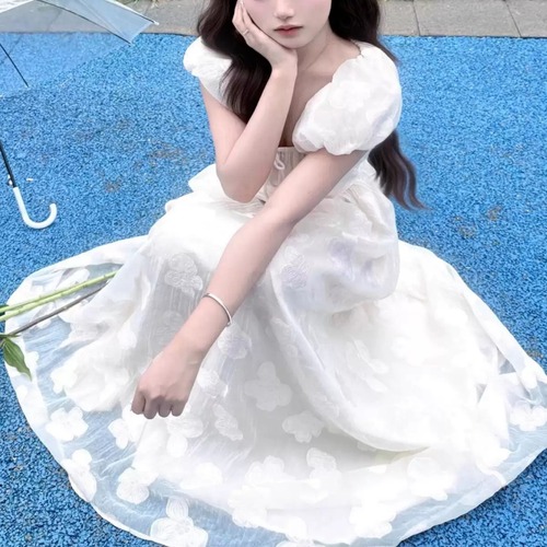 パフスリーブシフォンフラワーバックリボンワンピ ・70332