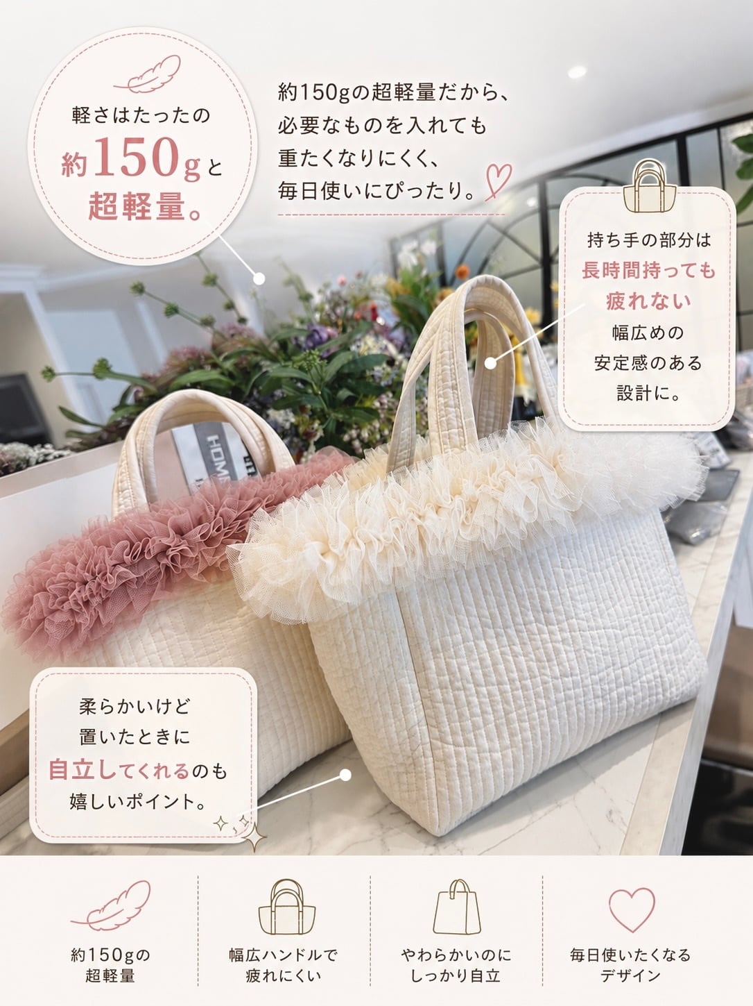 9月上旬発送】【ミドルサイズ】【038】アイボリーチュールヌビバッグ