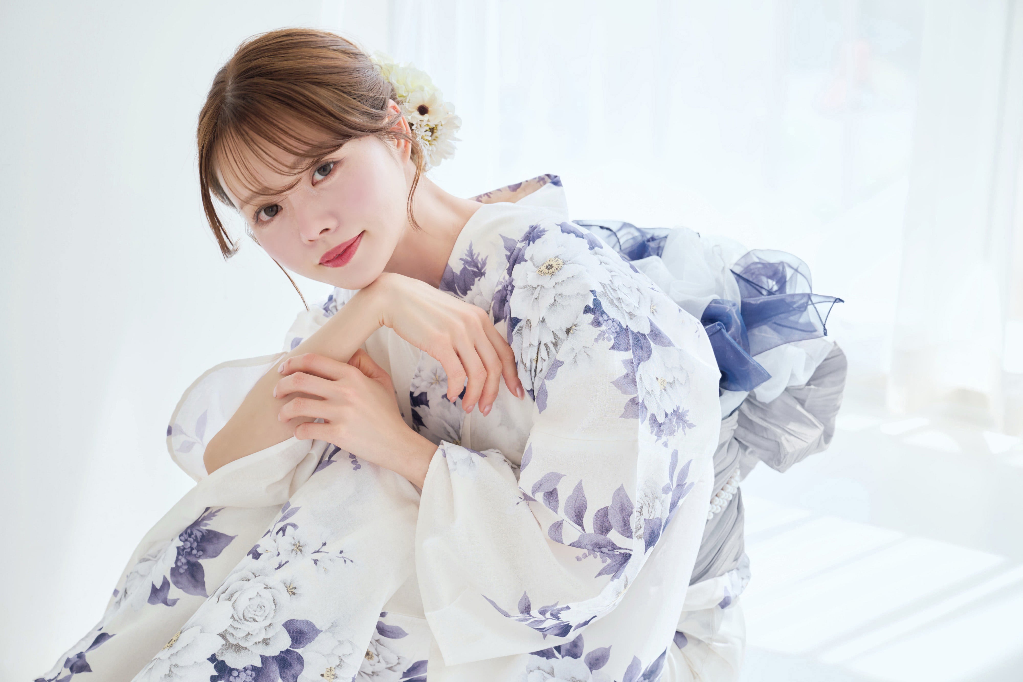 浴衣4点セット classical navy blue flower【兵児帯ライトグレー】 Y5