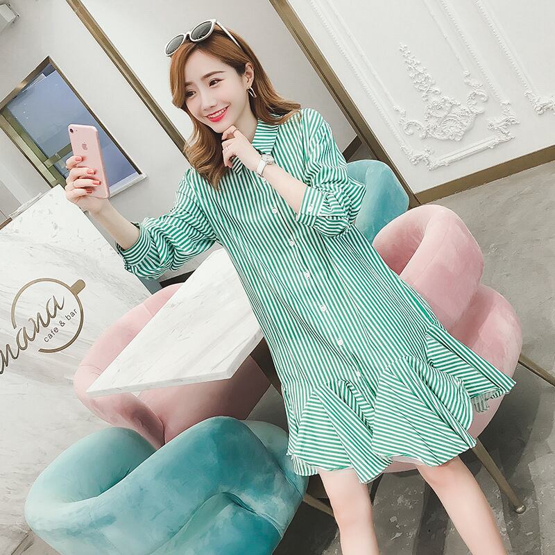 【新作】【送料無料】 マタニティドレス2019春の新しいファッショナブルなストライプのマタニティドレス、ラペルミドル丈のルーズマタニティドレス-アリババ スプリング 春物 expec246965118006