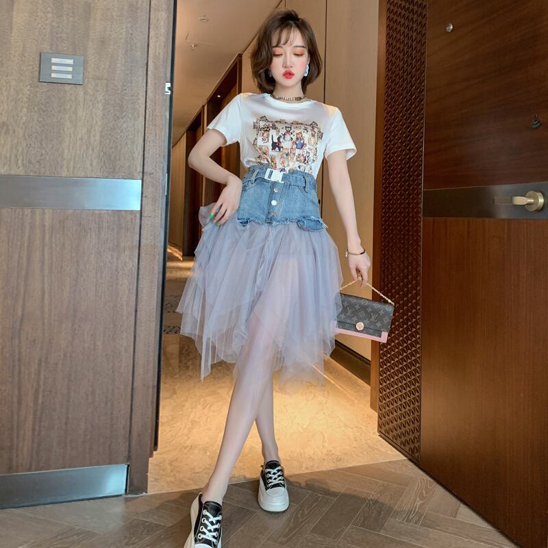 プリントTシャツ ハイウェストウェストメッシュスカート スプリングサマー 春物 夏物 ステッチ MIUCO38486012413