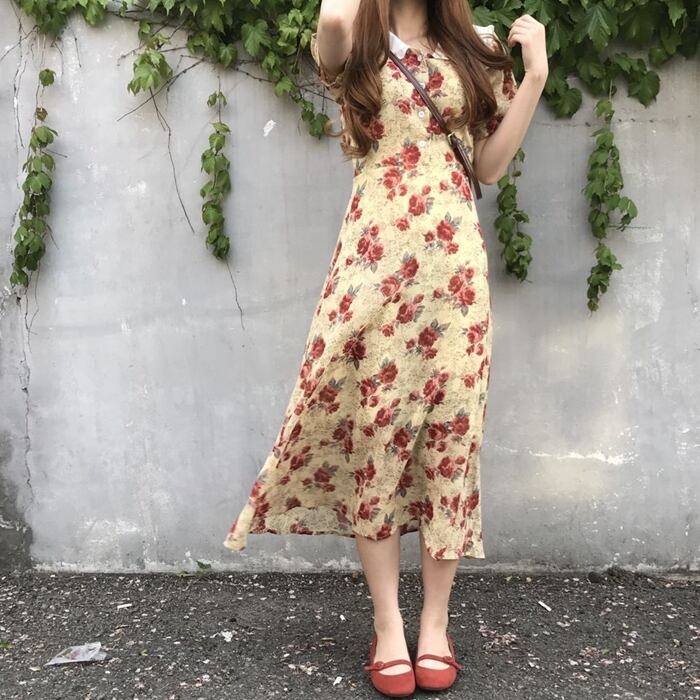 襟付き 花柄ワンピース 半袖 シフォン スカート 新作 5049 Macaron