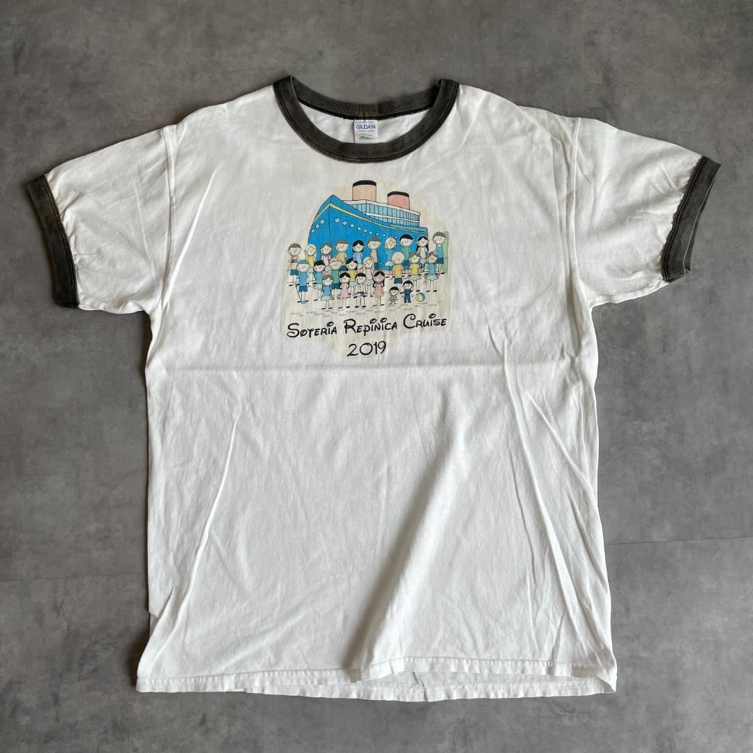 ギルダン リンガーTシャツ プリント 古着 ビッグ 白 黒 L 13338 | fuufu