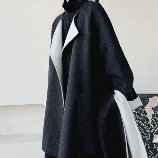 Loose collarless coat and muffler set【2color】 C0868