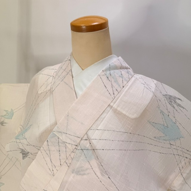 小紋 夏 麻風 夏用 洗える着物 裄67.5cm 身丈160.8cm 花柄 お洒落着 普段着 ポリエステル ピンク  美品 L サイズ 6149