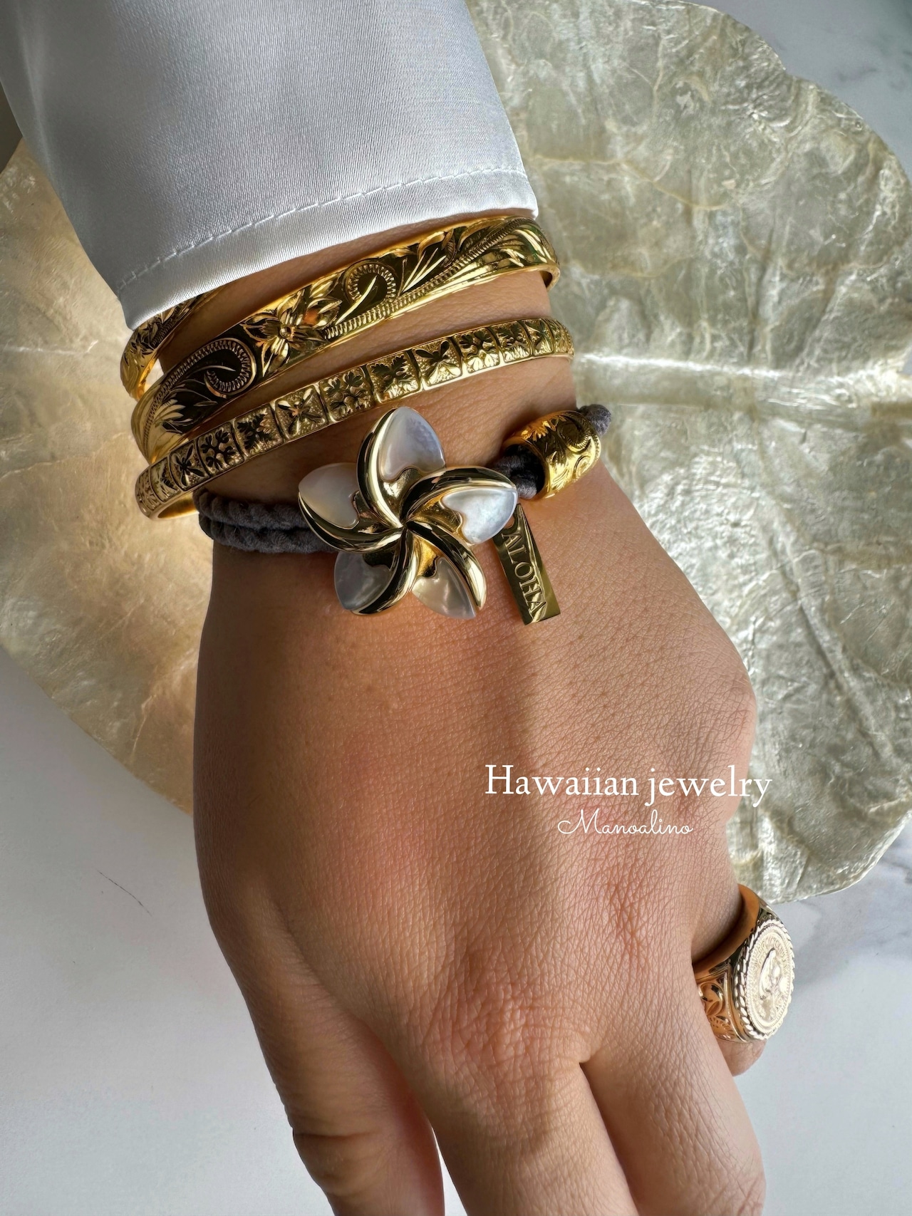 【3color】Plumeria Shell hair accessory Hawaiian jewelry(ハワイアンジュエリーマザーオブパールプルメリアヘアゴム)