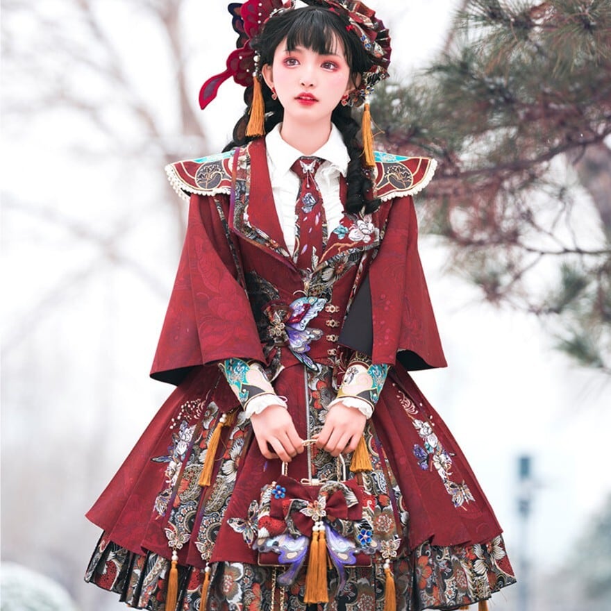 中華ロリィタ 蝶×牡丹刺繍 チャイナテイスト切替デザイン JSK ボルドー