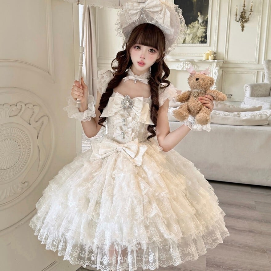 ロジータ シフォン レース 量産型 森ガール ゴスロリ 姫ロリ 森姫 ロリータファッション 甘ロリ 白・黒レースバックリボン姫系JSK2点