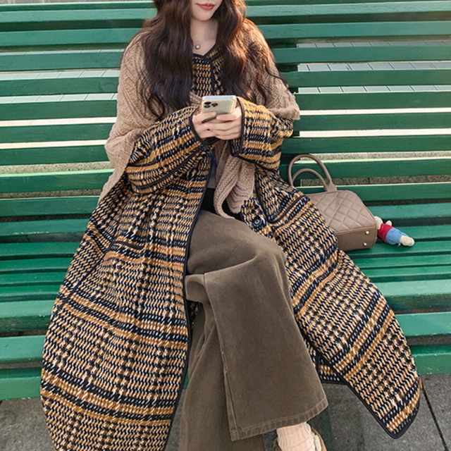 Checked long coat & shawl set S1687