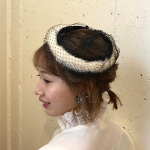 Vintage white mink × black tulle headdress