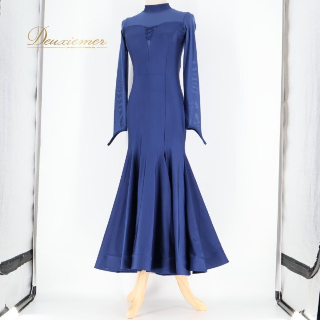 社交ダンス 衣装 ワンピース ドレス ネイビー系 紺 青 無地 パーティ 発表会 ダンス レッスン 伸縮 ストレッチ 大人用 エレガント 上品 おしゃれ レディース パーティードレス ダンスウエア 舞台衣装 発表会ドレス 長袖 シンプル