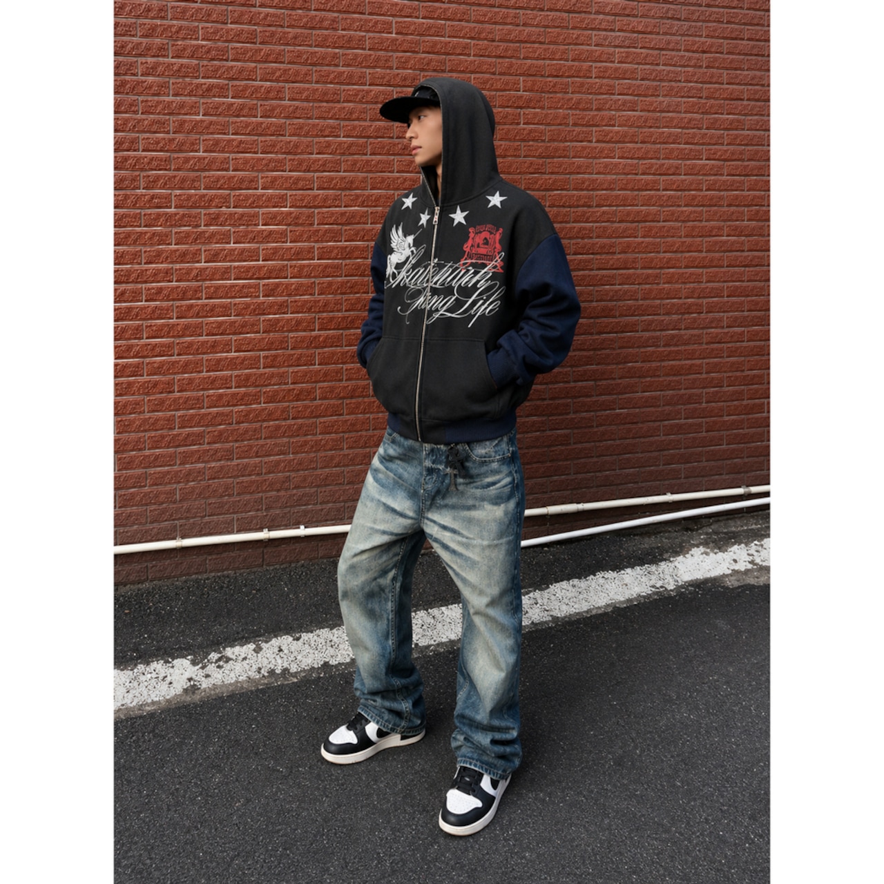 VINTAGE ストリート ユニコーン レタリング ジップパーカー T2273