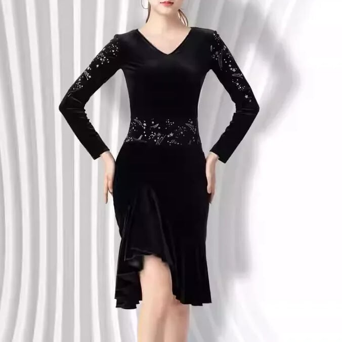 ロングスリーブ アシンメトリー Vネック ダンスドレス ds1068